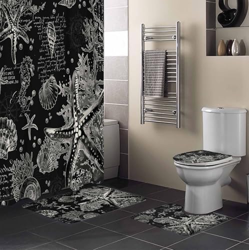 Coastal Black Bathroom Set with Shower Curtain and Rug - 36x72 Inches Nautical Design