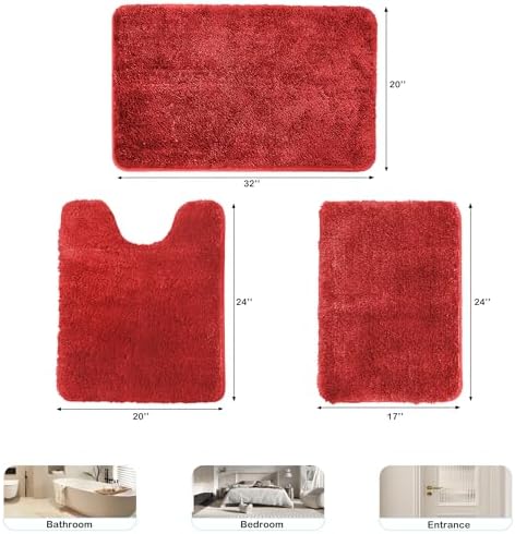 wyewye 3 Piece Bath Rug Set Non-Slip Microfiber Red Rugs