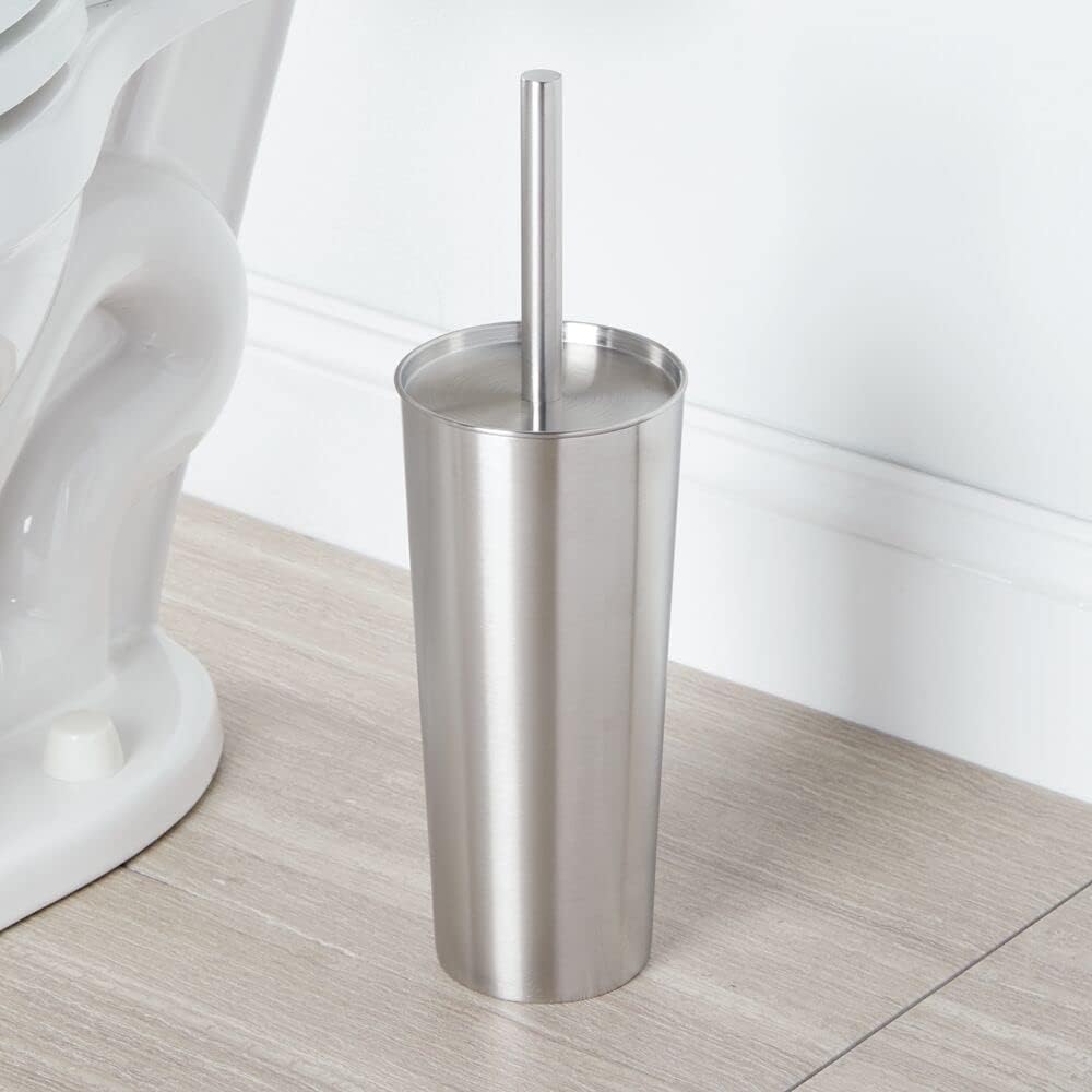 mDesign Slim Metal Toilet Brush Set with Holder - Rust-Resistant Silver