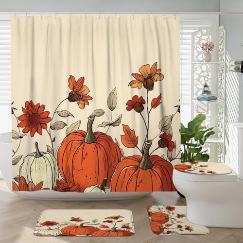 4PCS Fall Cream Pumpkin Bath Set with Non-Slip Rug and U Shape