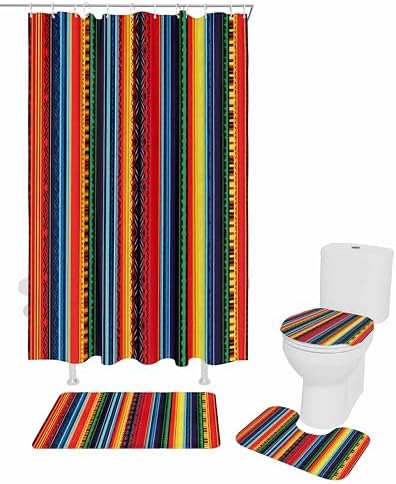 Rainbow Stripe Bathroom Set with Curtain Rug Hooks
