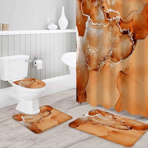 ZOE GARDEN Orange Marble Bathroom Set with Curtain Rug and Accessories