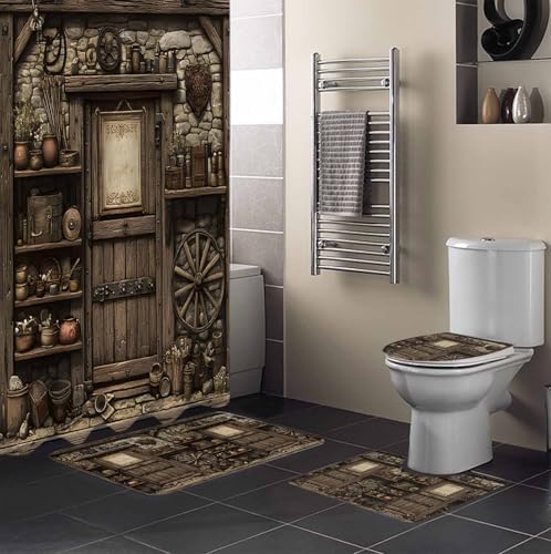 Farmhouse Wooden Bathroom Set with Shower Curtain and Rug Accessories