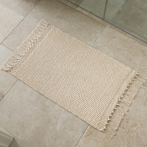 KIBAGA Boho Bathroom Rug - Soft 20x30 Inch Beige Cotton Mat with Tassels