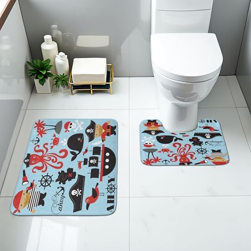 Ambesonne Pirate Bathroom Rug Set 2 Pieces Blue Dark Pink
