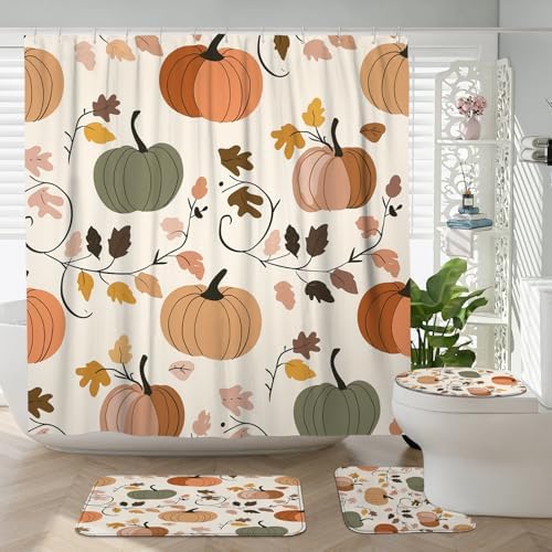 4PCS Fall Cream Pumpkin Bathroom Set with Non-Slip Rug and U Shape