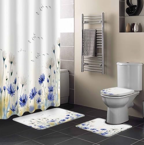 ZOE GARDEN Blue Daisy Bath Set with Curtain Rug and Hooks