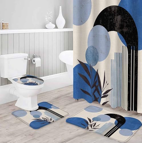 Boho Blue Bathroom Set with Curtain Rug and Hooks