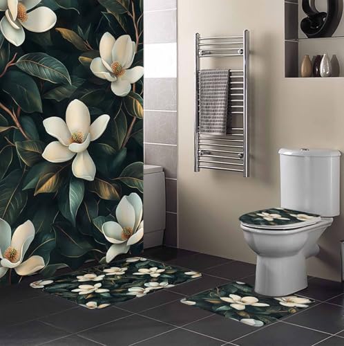 Floral Bathroom Set with 36x72 Inch Curtain and Rug