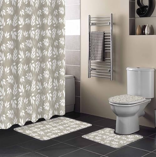 ZOE GARDEN Leaf Brown Bathroom Set with Shower Curtain and Rug