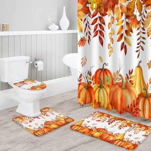 ZOE GARDEN Autumn Pumpkin Bath Set with Curtain Rug and Hooks