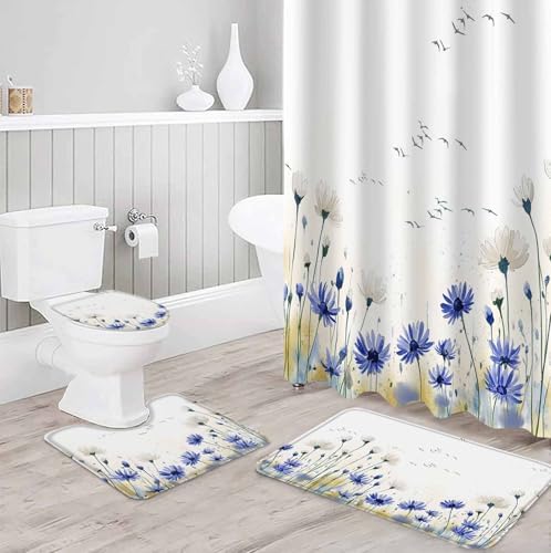 ZOE GARDEN Blue Daisy Bath Set with Curtain Rug and Hooks