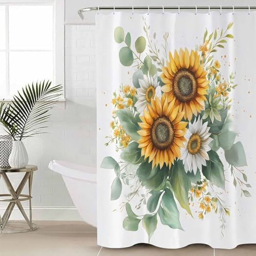 ZOE GARDEN Sunflower Bathroom Set with Curtain Rug and Hooks - 66x72 Inches
