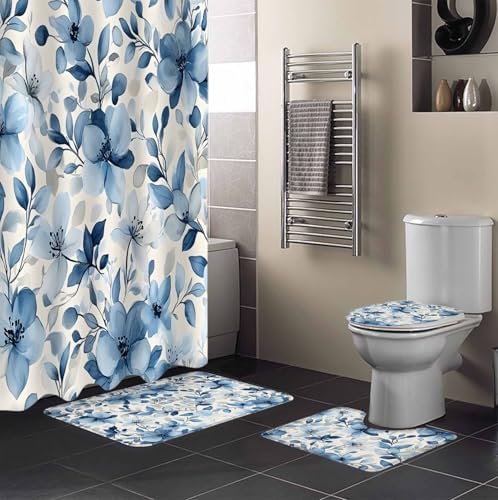 ZOE GARDEN Blue Flower Bath Set with Rug and Curtain