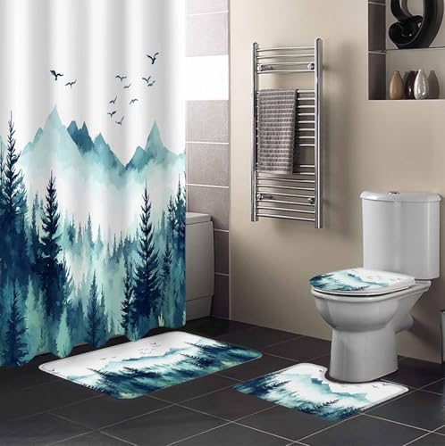 Turquoise Forest Bathroom Set with Curtain and Rug