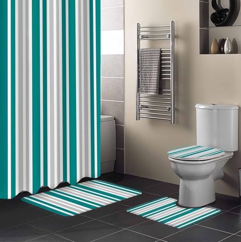 ZOE GARDEN Teal White Bathroom Set with Shower Curtain and Rug