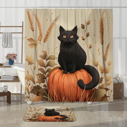 4PCS Fall Cartoon Cat Bath Accessory Set with Non-Slip Rug