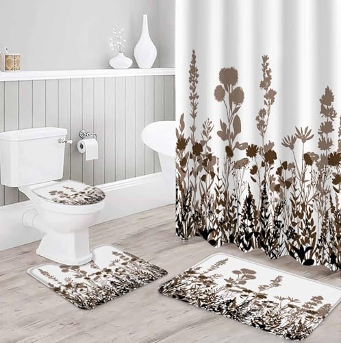 Brown Botanical Bathroom Set with Rug and Hooks