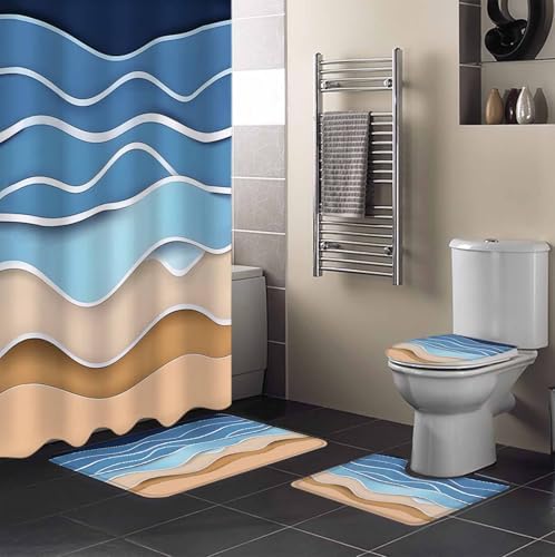 Coastal Blue Bathroom Set with Rug and Curtain