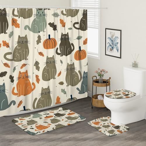 4PCS Fall Kawaii Cat Bathroom Set with Non-Slip Rug