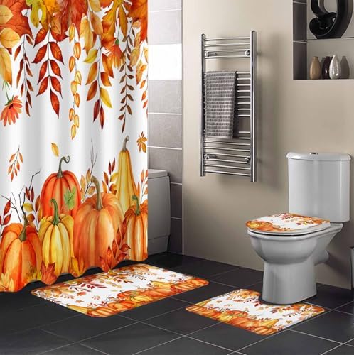 ZOE GARDEN Autumn Pumpkin Bath Set with Curtain Rug and Hooks