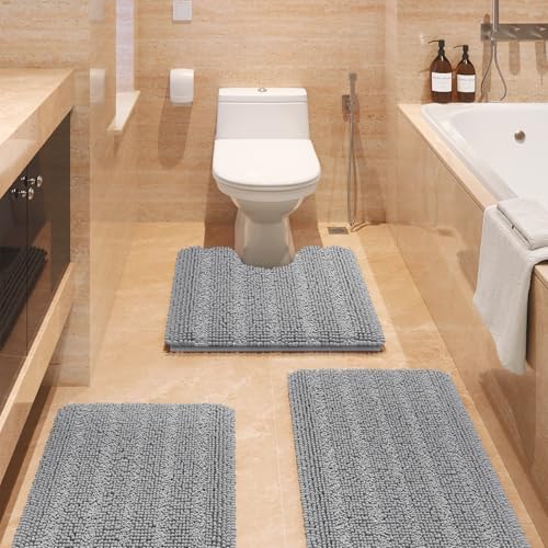 ACCUMTEK 3-Piece Striped Light Grey Bathroom Rug Set