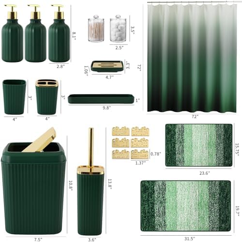 WSBArt 32PCS Bathroom Set with Hunter Green Shower Curtain and Rugs