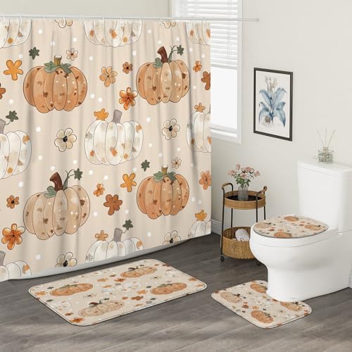 4PCS Fall Dot Pumpkin Bathroom Accessory Set with Non-Slip Rug