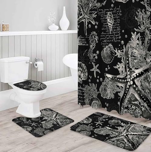 Coastal Black Bathroom Set with Shower Curtain and Rug - 36x72 Inches Nautical Design