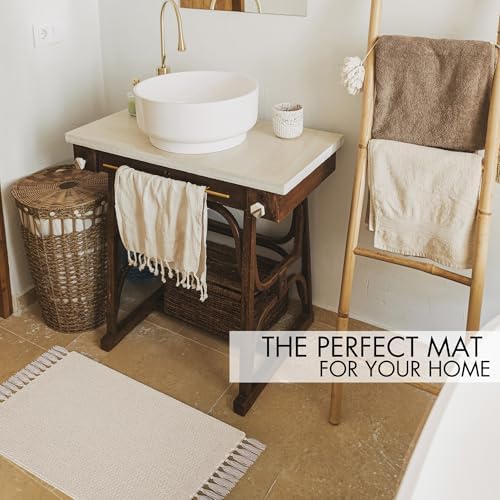 KIBAGA Boho Bathroom Rug - Soft 20x30 Inch Beige Cotton Mat with Tassels