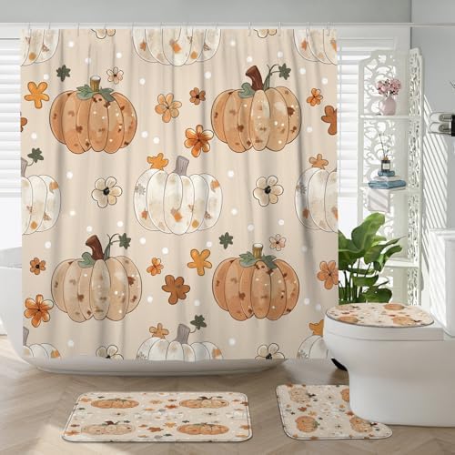 4PCS Fall Dot Pumpkin Bathroom Accessory Set with Non-Slip Rug