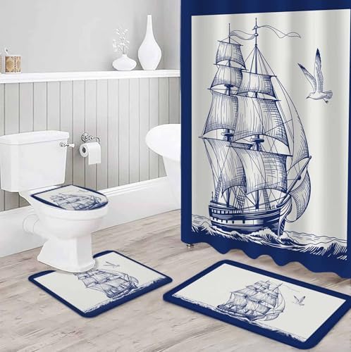 Nautical Sailboat Bathroom Set with Curtain Rug and Hooks - Navy Blue 36x72 Inches