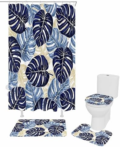 Navy Palm Leaf Bathroom Set with Curtain Rug and Accessories