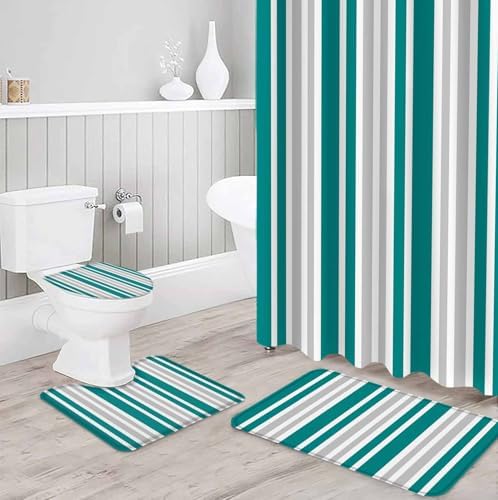 ZOE GARDEN Teal White Bathroom Set with Shower Curtain and Rug