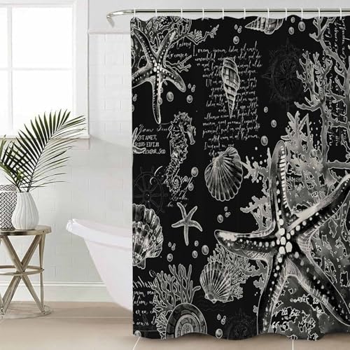 Coastal Black Bathroom Set with Shower Curtain and Rug - 36x72 Inches Nautical Design