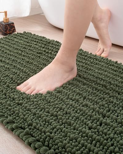 DEXI Olive Green Bath Mat 20x32 Non Slip Chenille Rugs