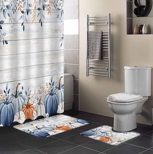 Thanksgiving Pumpkin Bathroom Set with Curtain Rug and Hooks