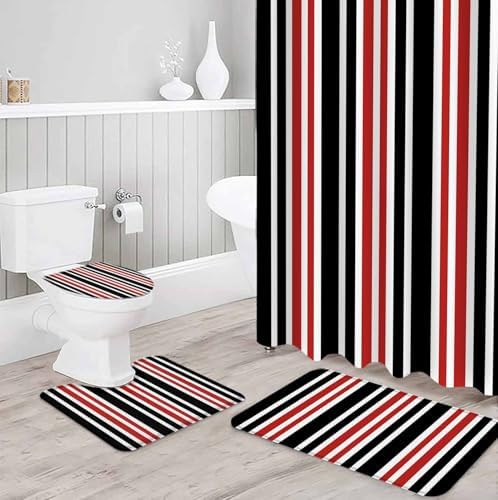 ZOE GARDEN Red Black Striped Bath Set with Curtain Rug Hooks