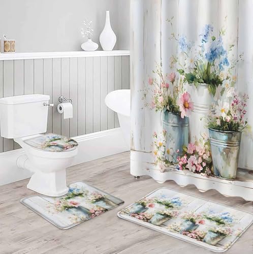 ZOE GARDEN Daisies Flowers Bath Set - 72x72 Waterproof Curtain Rug