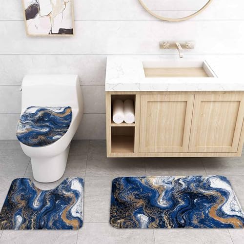 Blue Marble Bathroom Set with Curtain and Rug Accessories