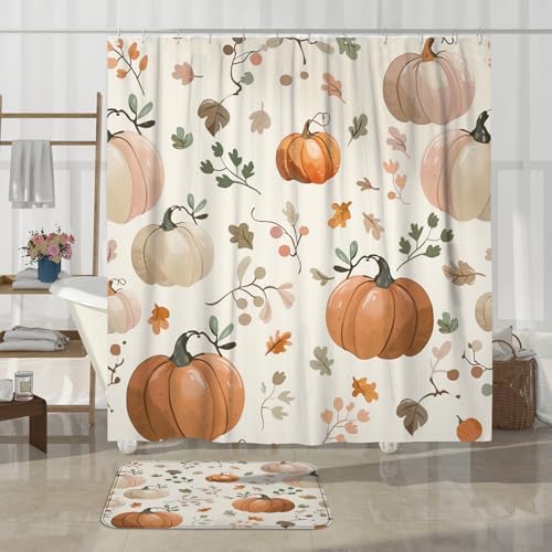 Fall Cream Pumpkin Shower Curtain Set with Non-Slip Rug and U Shape