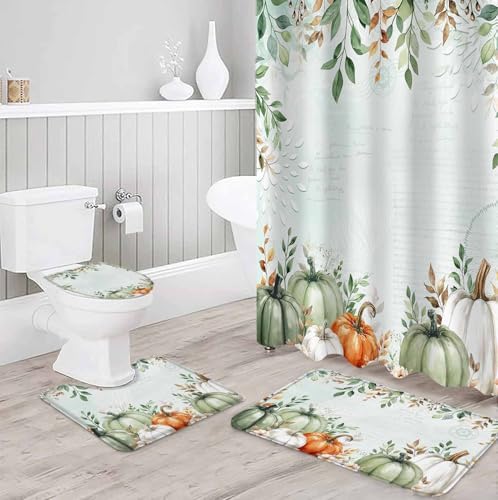 ZOE GARDEN Autumn Pumpkin Bath Set with Curtain Rug and Hooks 1