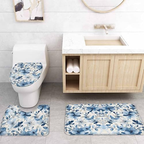 ZOE GARDEN Blue Flower Bath Set with Rug and Curtain