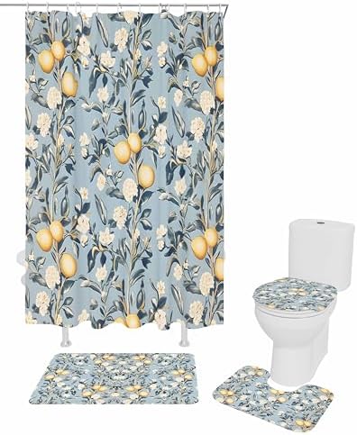 ZOE GARDEN Lemon Leaves Bathroom Set with Curtain Rug and Accessories