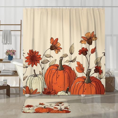 4PCS Fall Cream Pumpkin Bath Set with Non-Slip Rug and U Shape