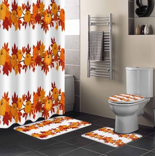 Thanksgiving Bathroom Set with Shower Curtain Rug and Hooks