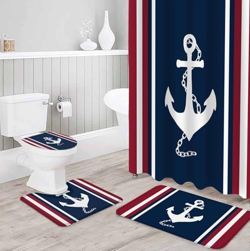 Nautical Anchor Bathroom Set with Curtain Rug and Hooks