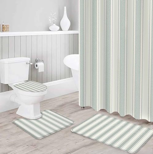 ZOE GARDEN Green Stripe Bathroom Set with Shower Curtain Rug and Accessories