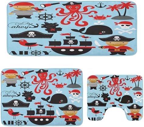 Ambesonne Pirate Bathroom Rug Set 3 Pieces Blue Dark Pink 1