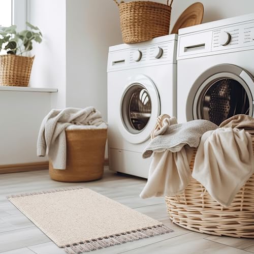 KIBAGA Boho Bathroom Rug - Soft 20x30 Inch Beige Cotton Mat with Tassels